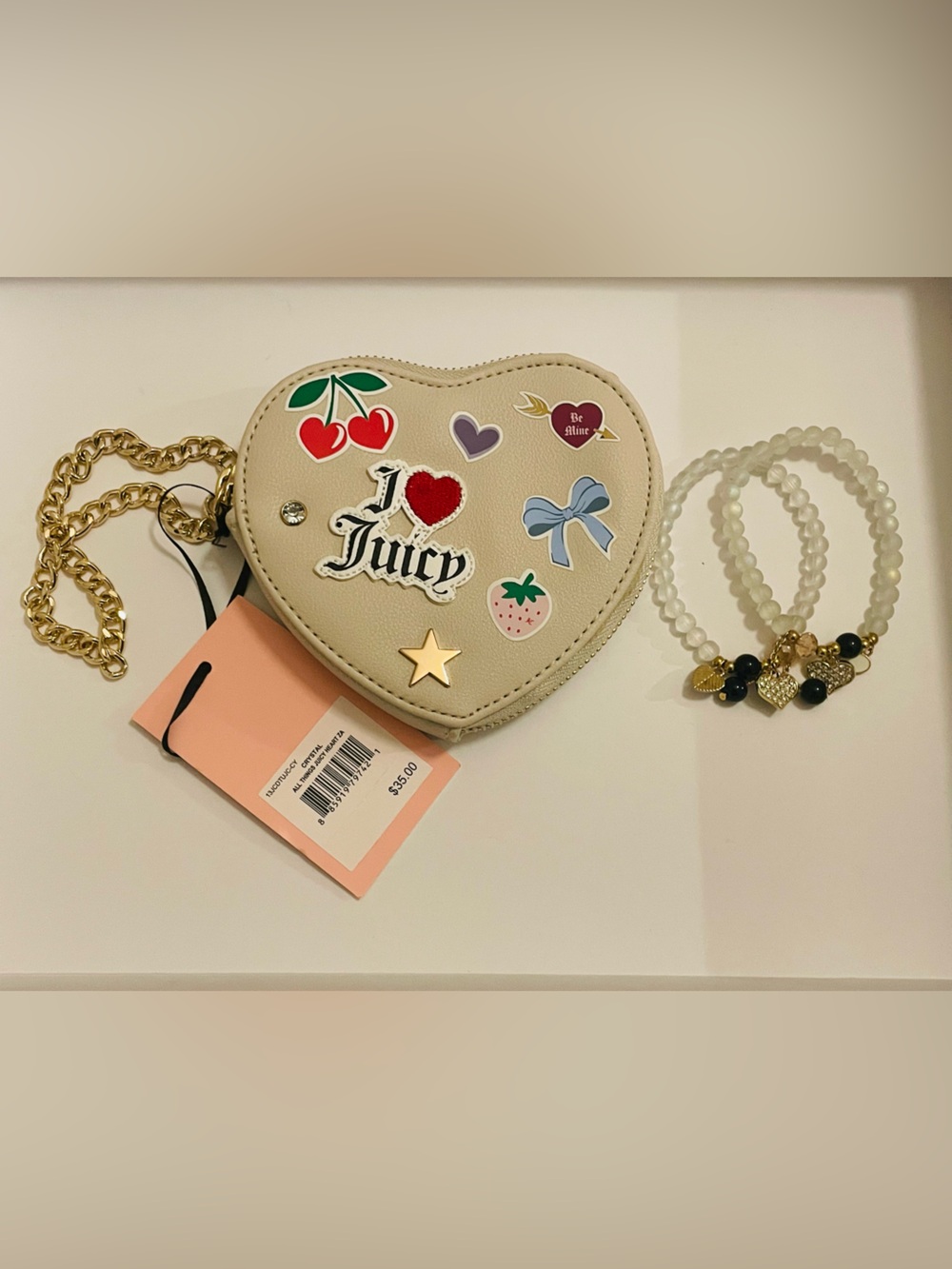 Juicy Couture Cream Heart ❤️ Bag & 2 Heart Bracelets 💕 NWT